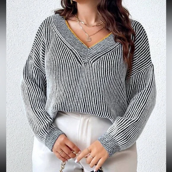 Plus size striped V neck  sweater top - Picture 3 of 12